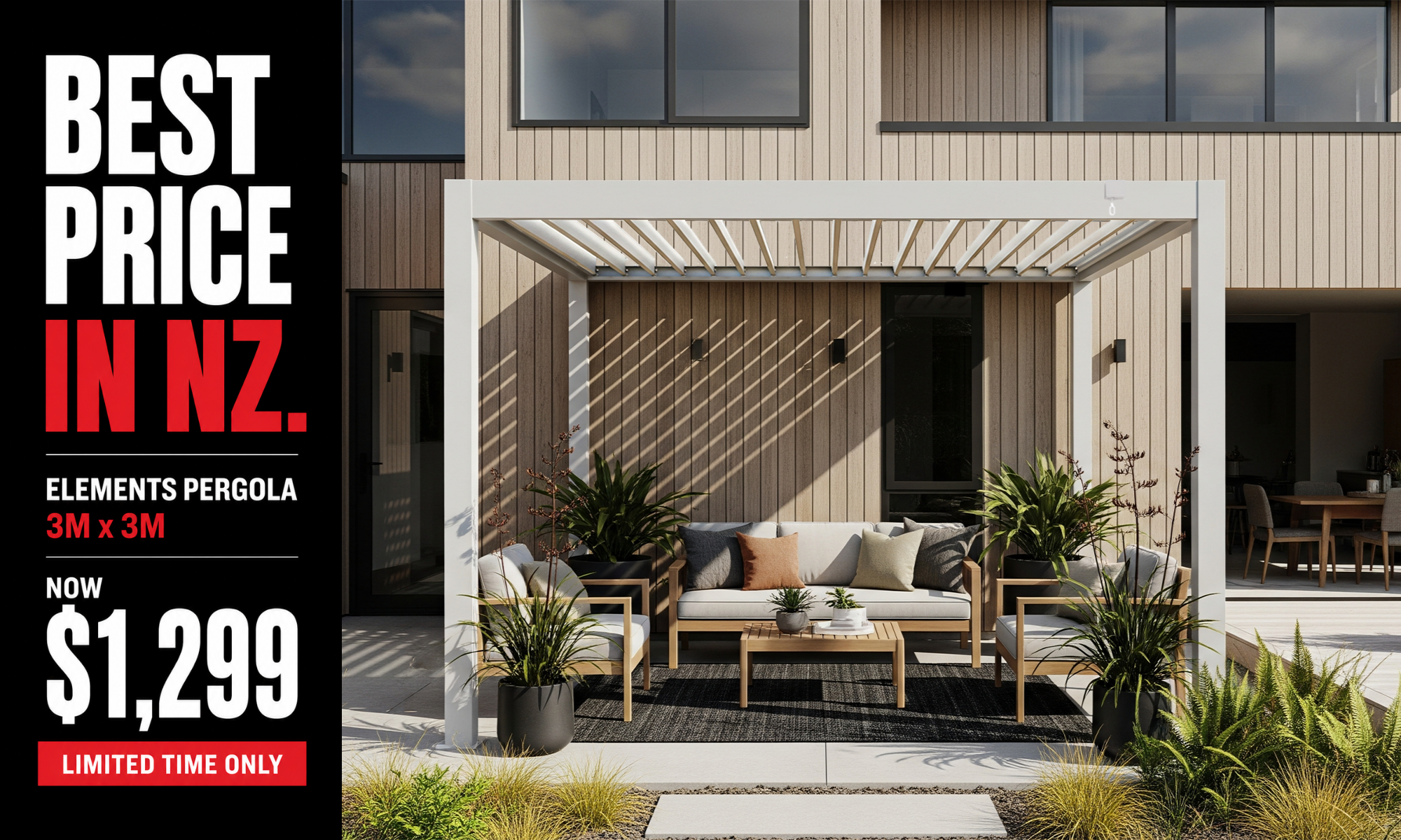 <p><strong>BEST PRICE IN NZ.</strong> ELEMENTS PERGOLA 3M X 3M.<strong> </strong><strong>NOW ONLY </strong><strong>$1,299.</strong><span> </span><span>EPIC VALUE. </span><span>PREMIUM SHADE FOR LESS. </span><span><b>LIMITED TIME ONLY.</b></span></p>
<p></p>