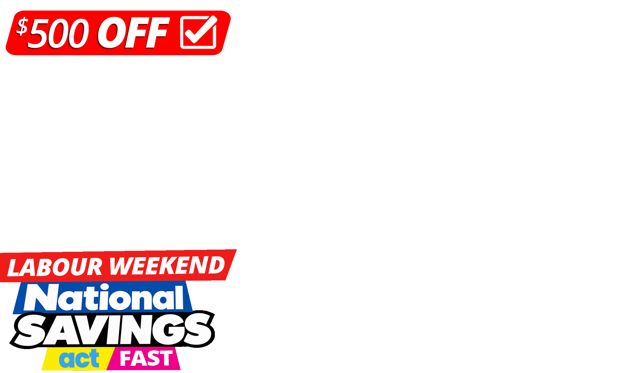 <p><strong>LABOUR WEEKEND. NATIONAL SAVINGS. </strong><strong>$500 OFF 3x3m LUXE LOUVRES. </strong><span>Save your Greens. ACT fast. Put your NZ backyard First. </span><em>Selected February pre-orders only. Ends Tuesday night. T&Cs apply.</em></p>